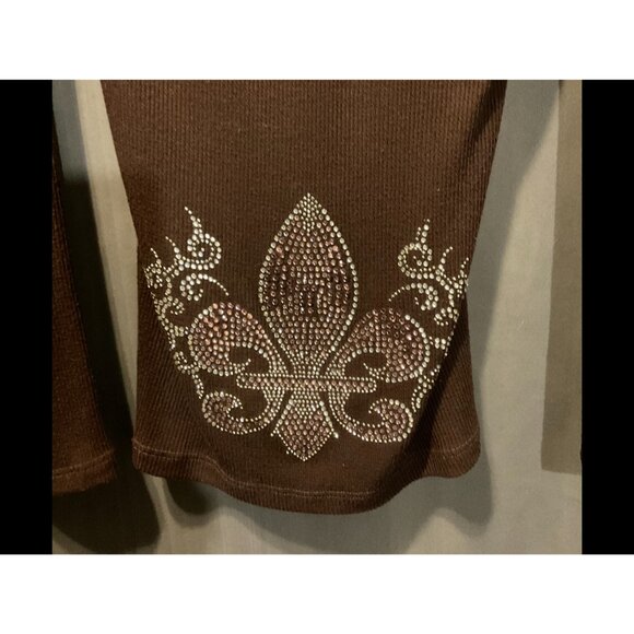 Vocal Y2K Brown Long-Sleeve Hooded Top With Rhinestone Fleur-De-Lis Womens Small - Picture 3 of 12